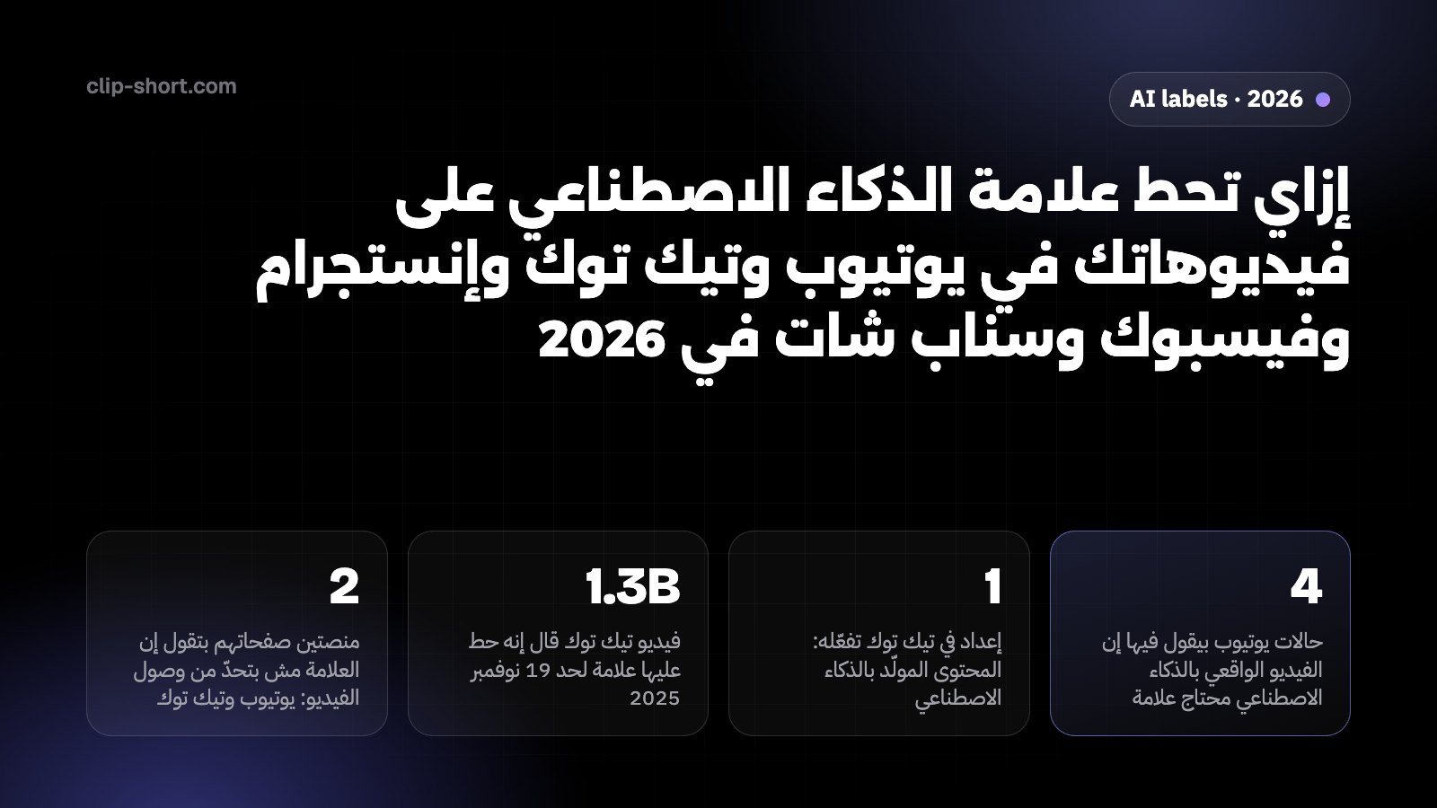 إزاي تحط علامة الذكاء الاصطناعي على الفيديوهات في 2026: AI use في يوتيوب، وإعداد المحتوى المولّد بالذكاء الاصطناعي في تيك توك، وعلامة AI info في إنستجرام وفيسبوك، والتصريح في سناب شات