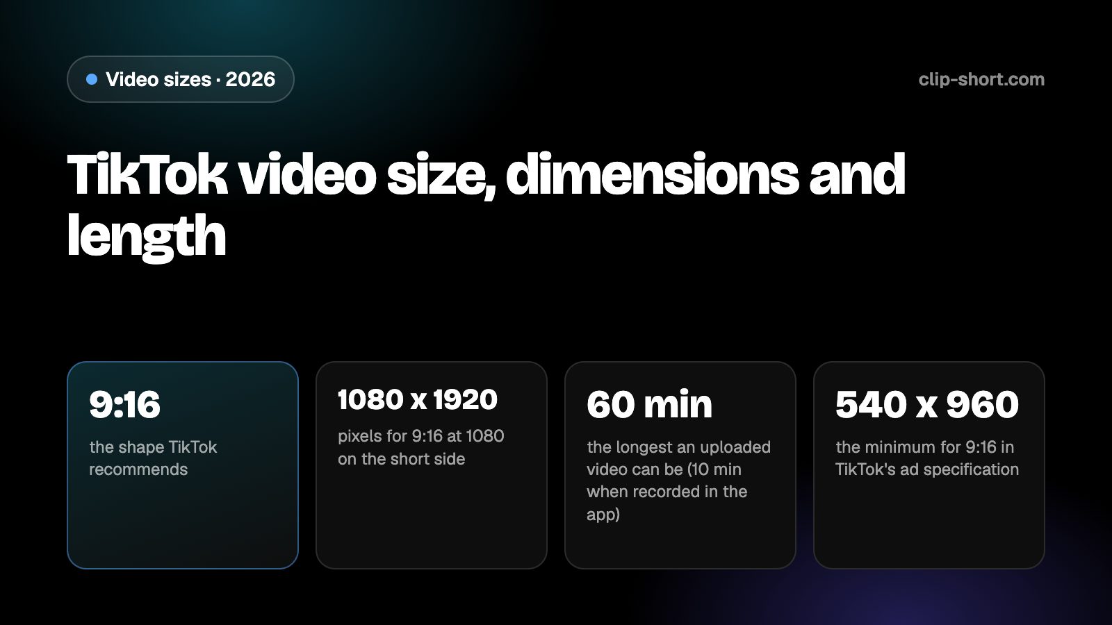 TikTok video size: vertical 9:16 at 1080 x 1920, 10 minutes recorded in the app, 60 minutes uploaded