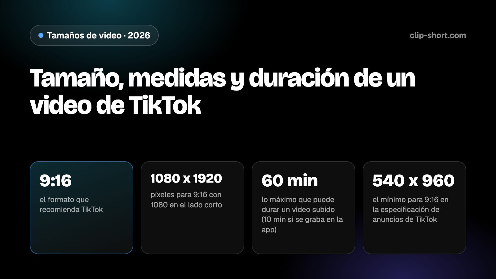 Tamaño de video de TikTok: vertical 9:16 a 1080 x 1920, 10 minutos grabando en la app, 60 minutos subiendo