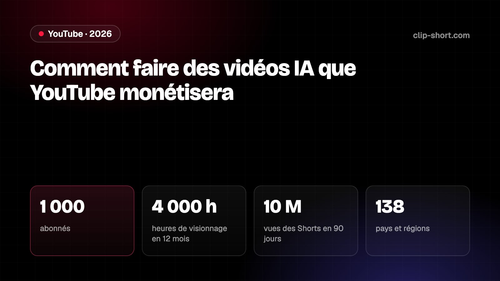 Programme Partenaire YouTube en 2026 : 1 000 abonnés, 4 000 heures de visionnage sur 12 mois ou 10 millions de vues Shorts sur 90 jours, 138 pays