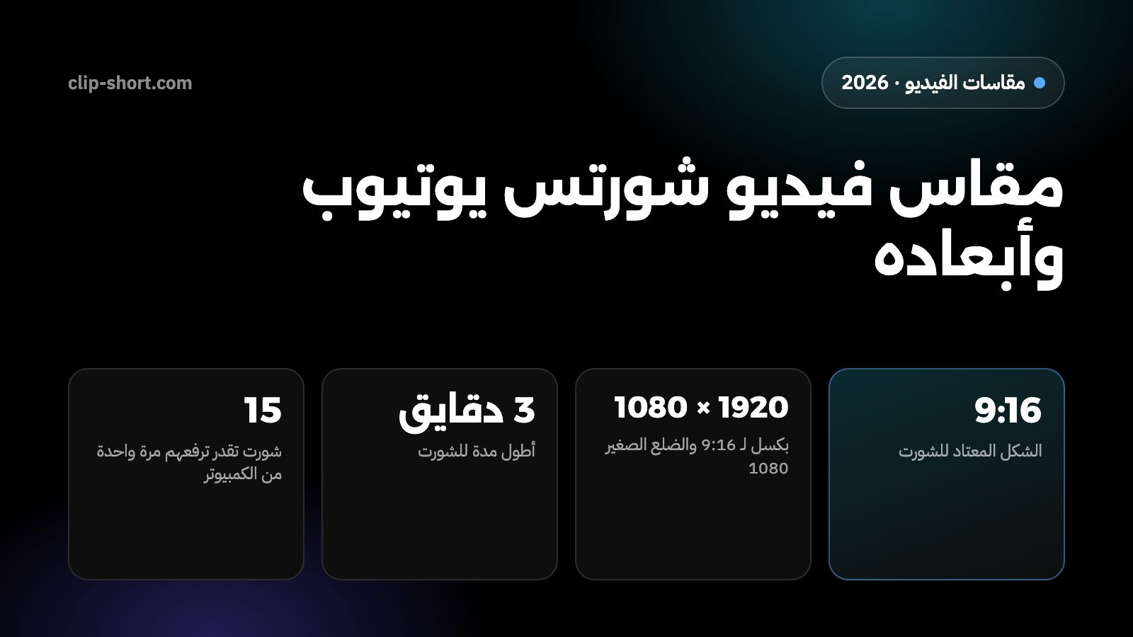 مقاس فيديو شورتس يوتيوب: طولي 9:16 بمقاس 1080 × 1920، والمربع 1:1 بيتحسب برضه، ولحد 3 دقايق