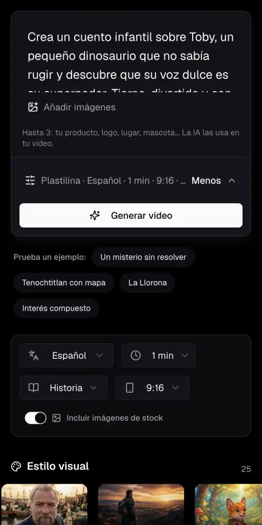 La caja de la idea del Agente de IA en un teléfono, con la idea de cuentos infantiles escrita, el botón Añadir imágenes y Generar video debajo.
