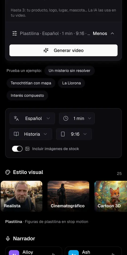 La línea de opciones del Agente de IA y los menús de idioma, duración, formato y 9:16, con el interruptor de imágenes de stock.