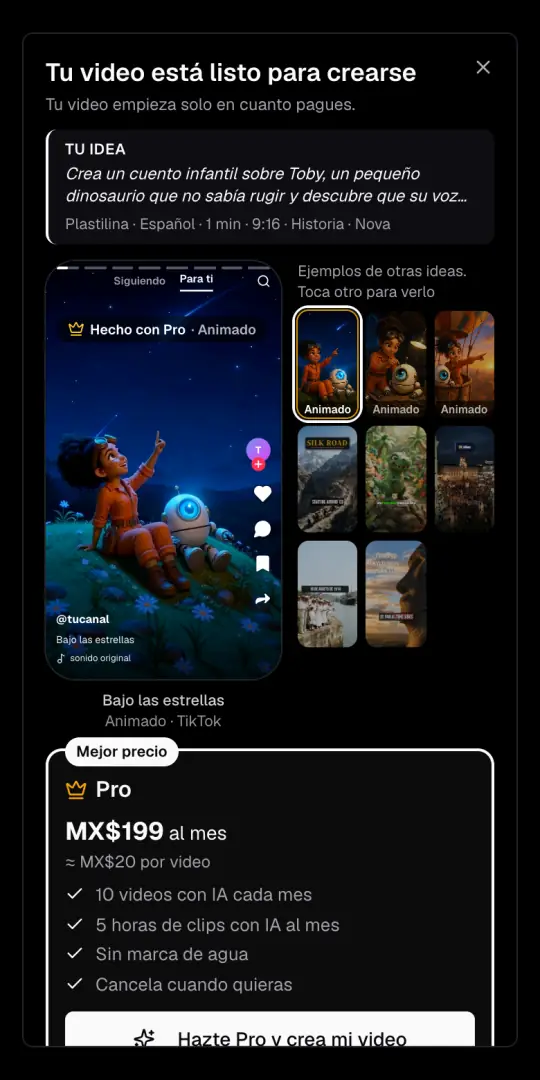 La ventana «Tu video está listo para crearse», con la idea y las opciones arriba, ejemplos hechos con Pro y el plan Pro con su precio en pesos mexicanos.