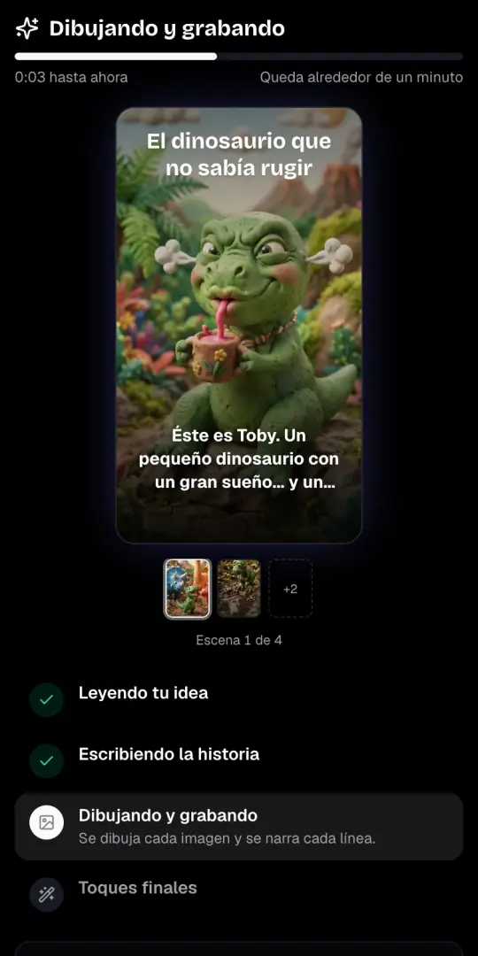 La pantalla «Dibujando y grabando» con la primera imagen del video de cuentos infantiles, su línea de narración y los cuatro pasos debajo.