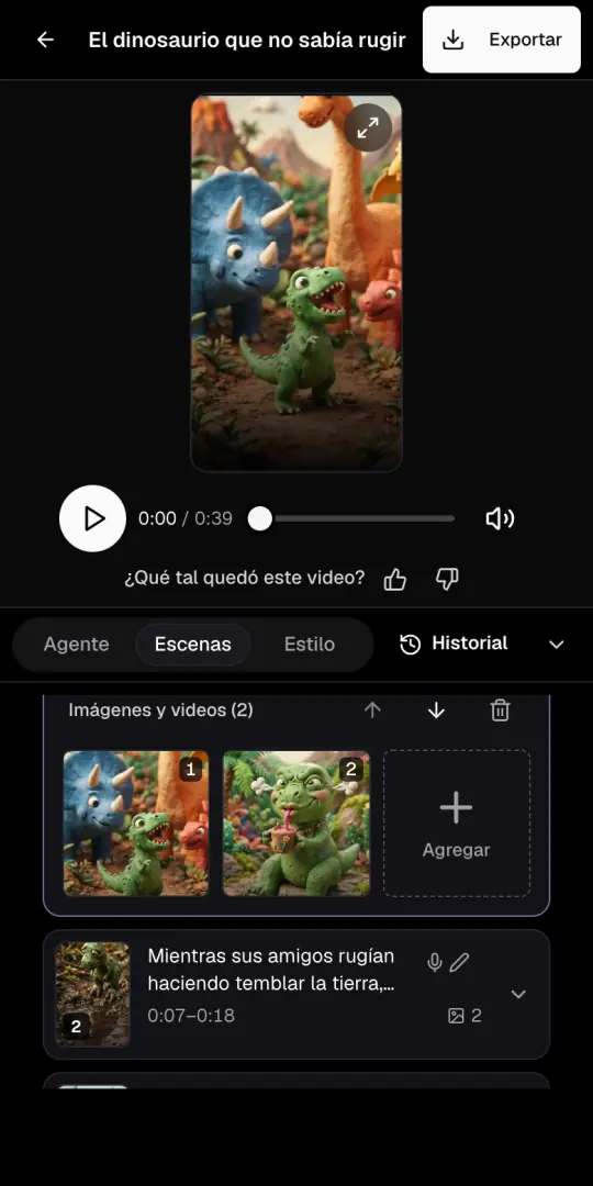 La página del video de cuentos infantiles con la vista previa arriba y la pestaña Escenas abierta, con las imágenes de la primera escena.