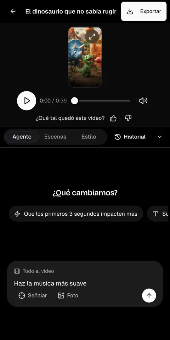 La pestaña Agente de la página del video, con el pedido «Haz la música más suave» escrito en la caja de chat.