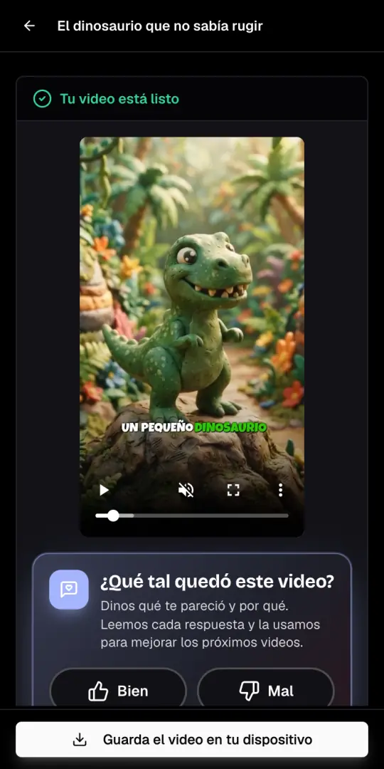 El video de cuentos infantiles exportado, con el mensaje Tu video está listo y el botón Guarda el video en tu dispositivo.