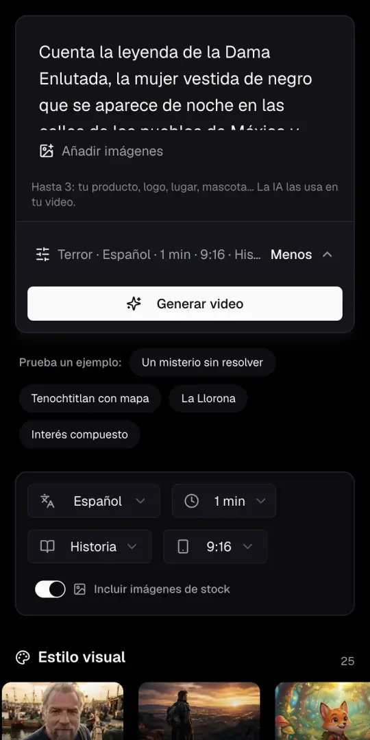 La caja de la idea del Agente de IA en un teléfono, con la idea de terror escrita, el botón Añadir imágenes y Generar video debajo.