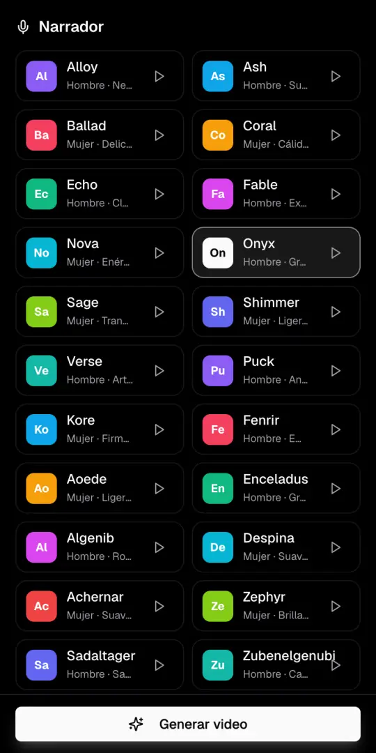 La lista de voces del Narrador con Onyx marcada y el botón para escuchar cada voz.
