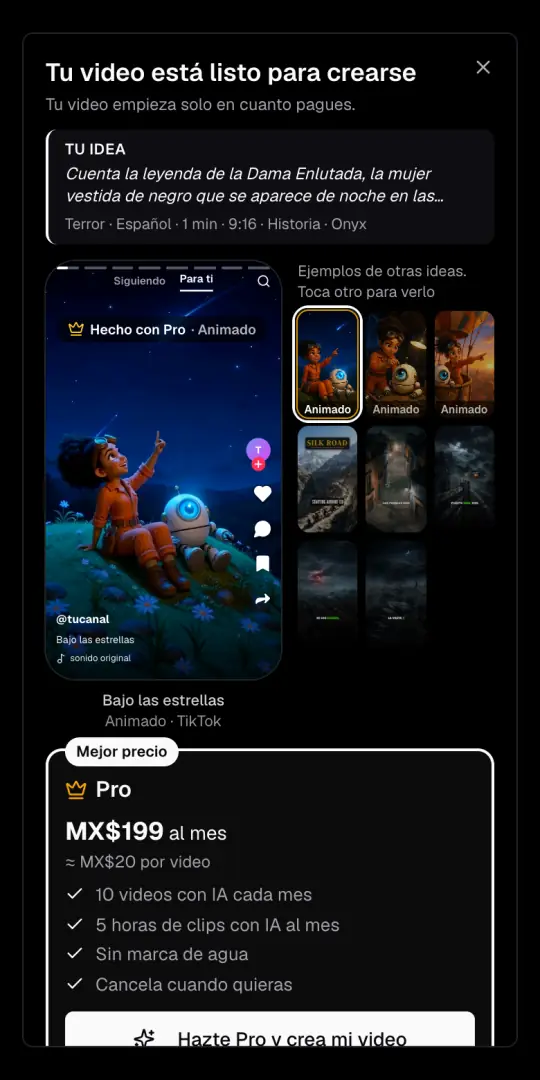 La ventana «Tu video está listo para crearse», con la idea y las opciones arriba, ejemplos hechos con Pro y el plan Pro con su precio en pesos mexicanos.