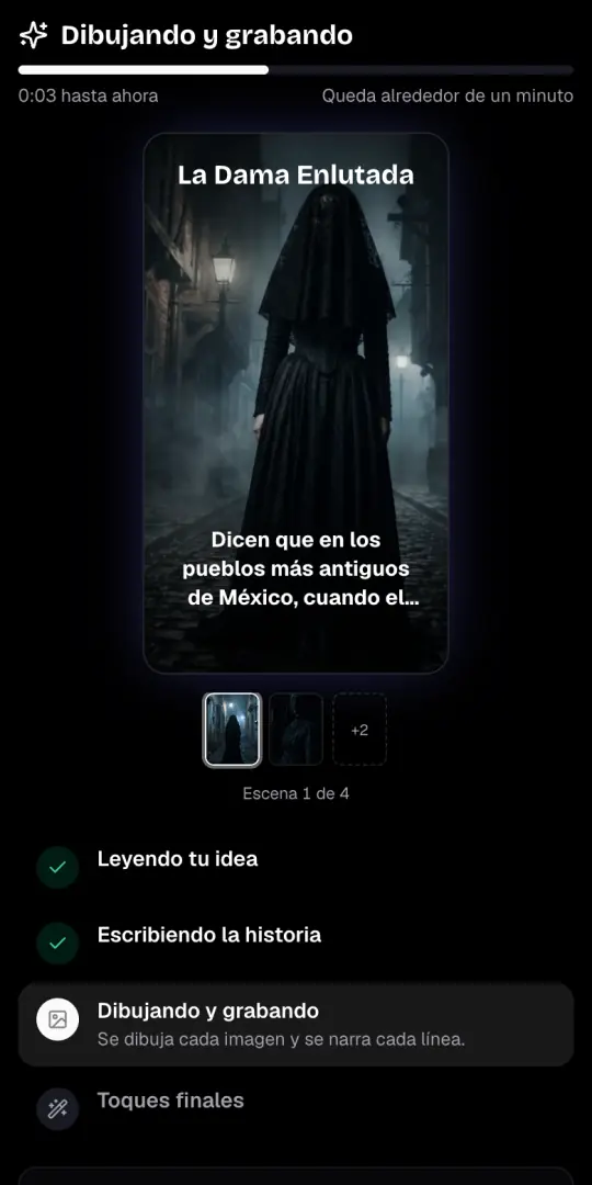 La pantalla «Dibujando y grabando» con la primera imagen del video de terror, su línea de narración y los cuatro pasos debajo.