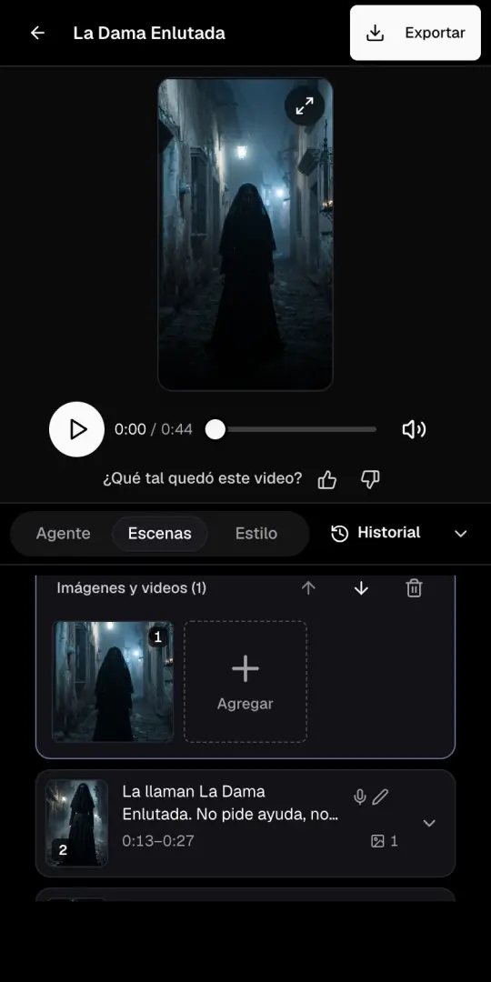 La página del video de terror con la vista previa arriba y la pestaña Escenas abierta, con las imágenes de la primera escena.