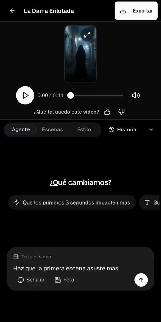 La pestaña Agente de la página del video, con el pedido «Haz que la primera escena asuste más» escrito en la caja de chat.