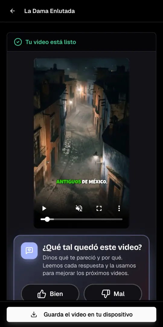 El video de terror exportado, con el mensaje Tu video está listo y el botón Guarda el video en tu dispositivo.