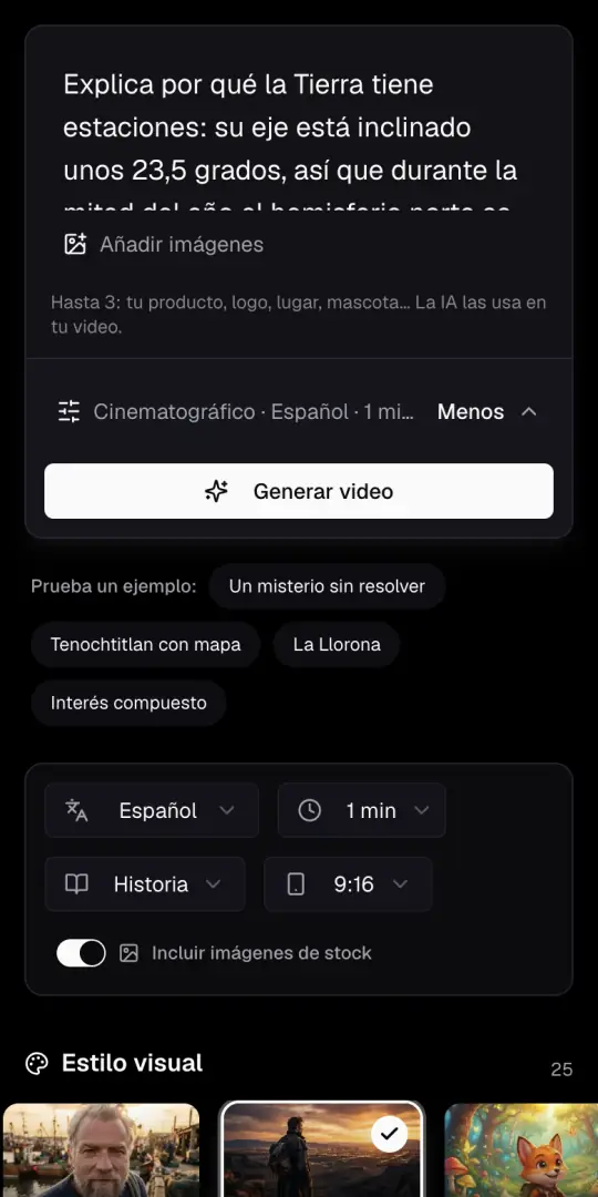 La caja de la idea del Agente de IA en un teléfono, con la idea de curiosidades escrita, el botón Añadir imágenes y Generar video debajo.