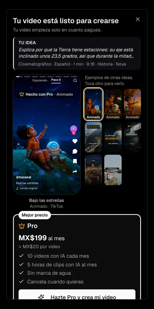 La ventana «Tu video está listo para crearse», con la idea y las opciones arriba, ejemplos hechos con Pro y el plan Pro con su precio en pesos mexicanos.