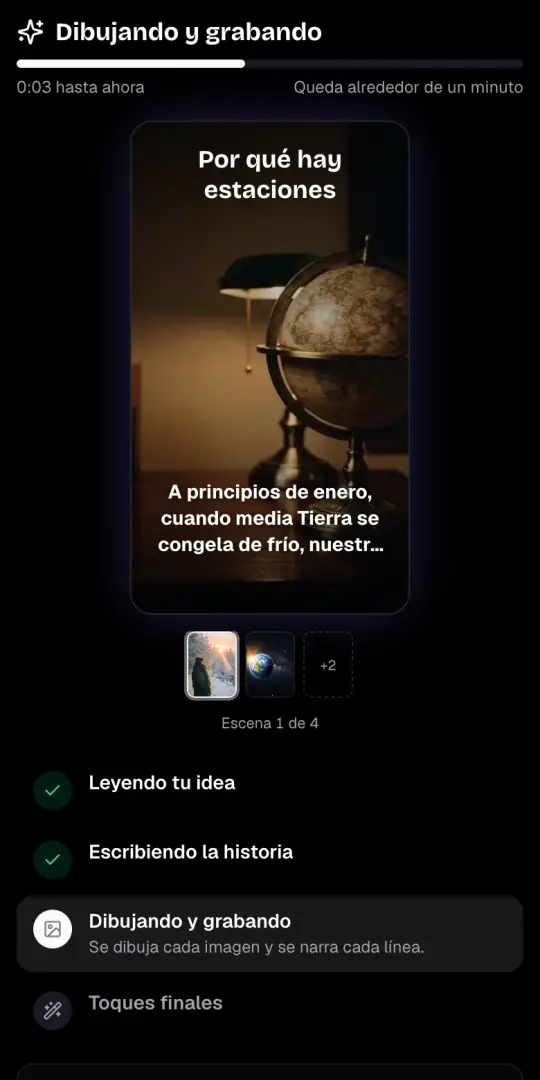 La pantalla «Dibujando y grabando» con la primera imagen del video de curiosidades, su línea de narración y los cuatro pasos debajo.