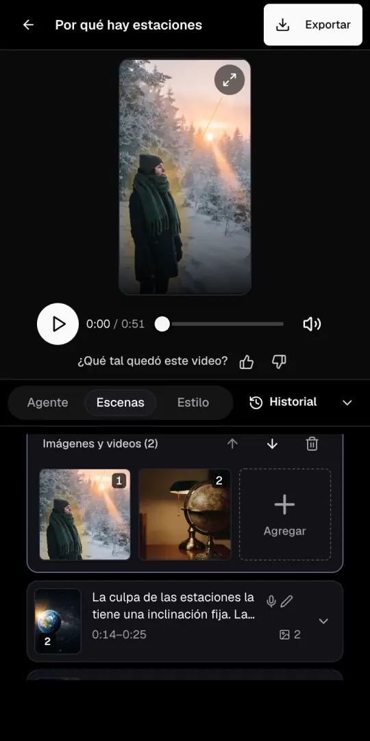 La página del video de curiosidades con la vista previa arriba y la pestaña Escenas abierta, con las imágenes de la primera escena.