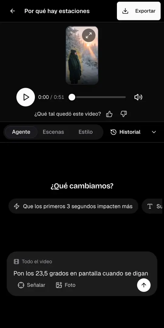 La pestaña Agente de la página del video, con el pedido «Pon los 23,5 grados en pantalla cuando se digan» escrito en la caja de chat.