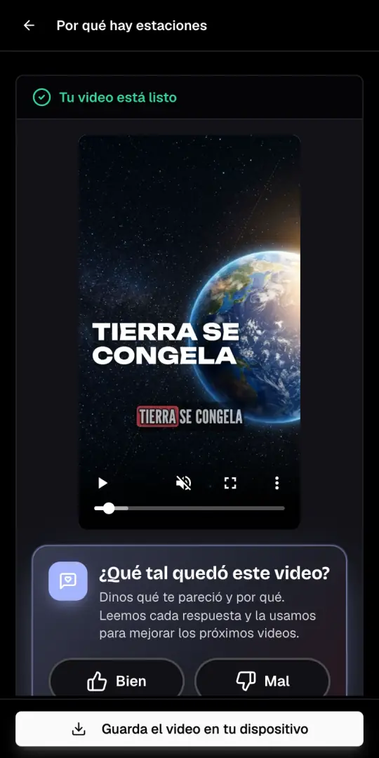 El video de curiosidades exportado, con el mensaje Tu video está listo y el botón Guarda el video en tu dispositivo.