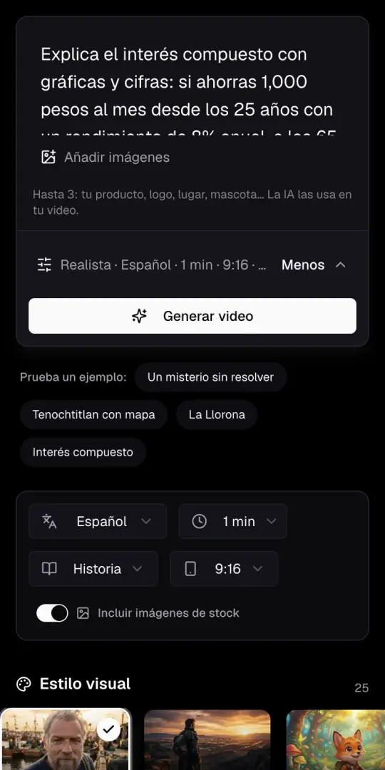 La caja de la idea del Agente de IA en un teléfono, con la idea de finanzas escrita, el botón Añadir imágenes y Generar video debajo.