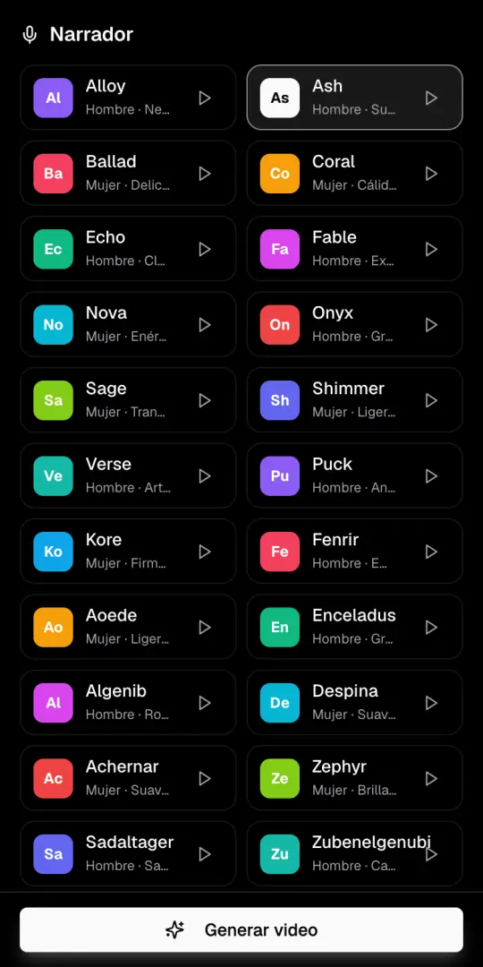 La lista de voces del Narrador con Ash marcada y el botón para escuchar cada voz.