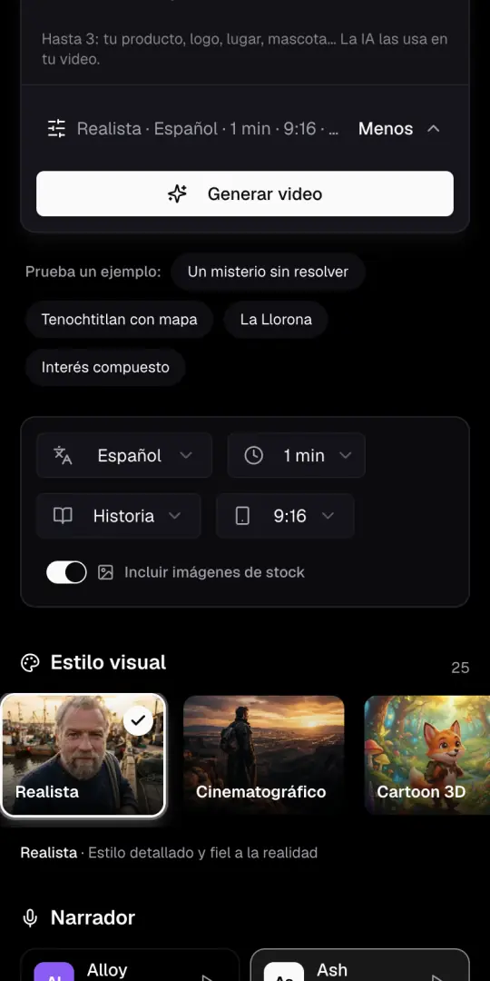 La línea de opciones del Agente de IA y los menús de idioma, duración, formato y 9:16, con el interruptor de imágenes de stock.