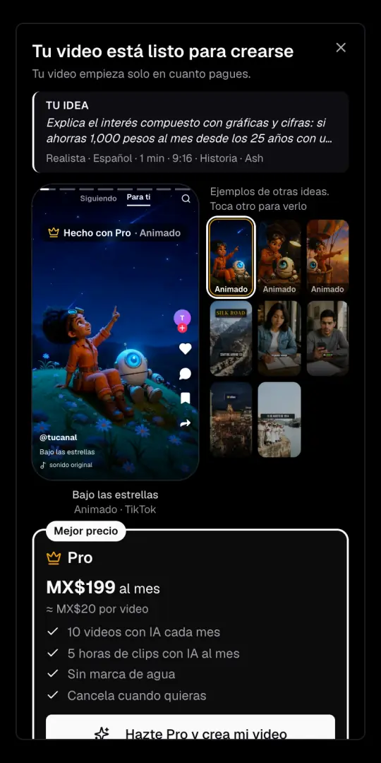 La ventana «Tu video está listo para crearse», con la idea y las opciones arriba, ejemplos hechos con Pro y el plan Pro con su precio en pesos mexicanos.