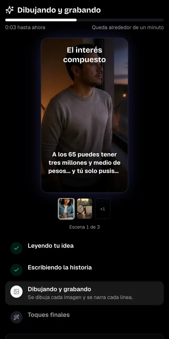 La pantalla «Dibujando y grabando» con la primera imagen del video de finanzas, su línea de narración y los cuatro pasos debajo.