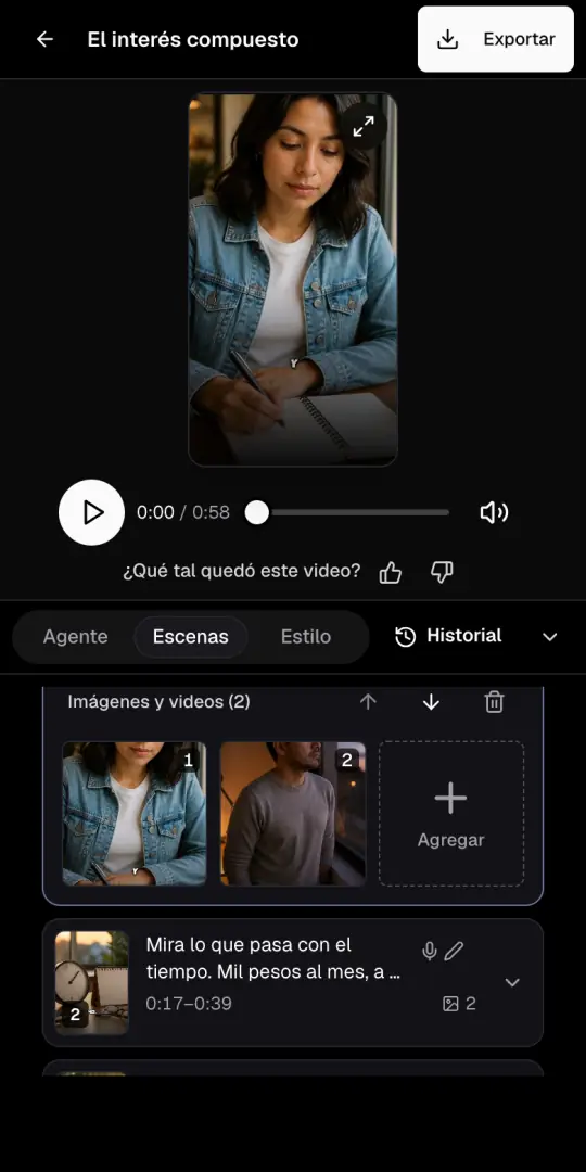 La página del video de finanzas con la vista previa arriba y la pestaña Escenas abierta, con las imágenes de la primera escena.