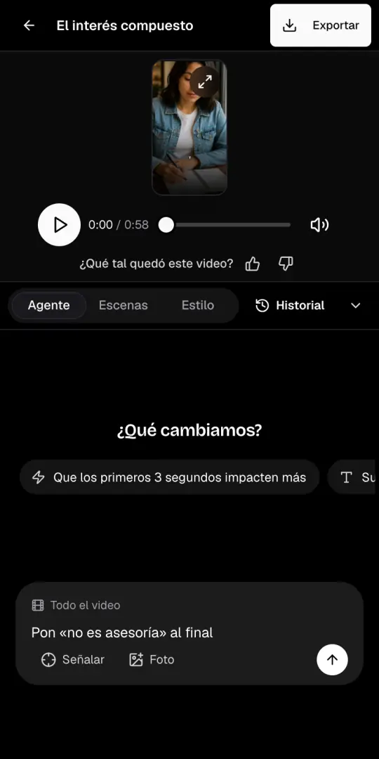 La pestaña Agente de la página del video, con el pedido «Pon «no es asesoría» al final» escrito en la caja de chat.