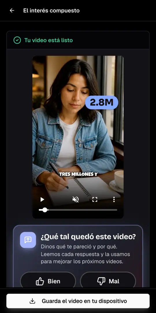 El video de finanzas exportado, con el mensaje Tu video está listo y el botón Guarda el video en tu dispositivo.