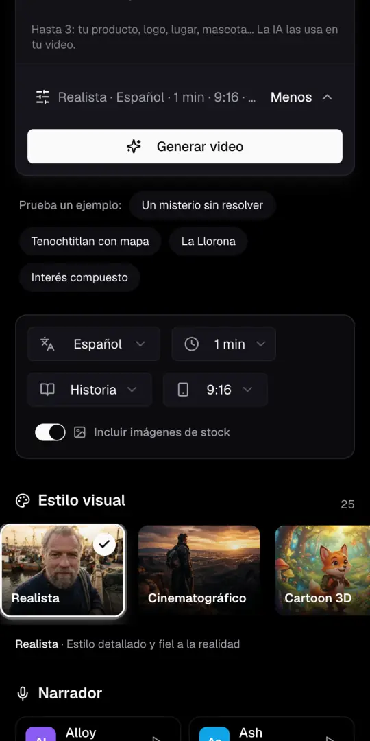 La línea de opciones del Agente de IA y los menús de idioma, duración, formato y 9:16, con el interruptor de imágenes de stock.