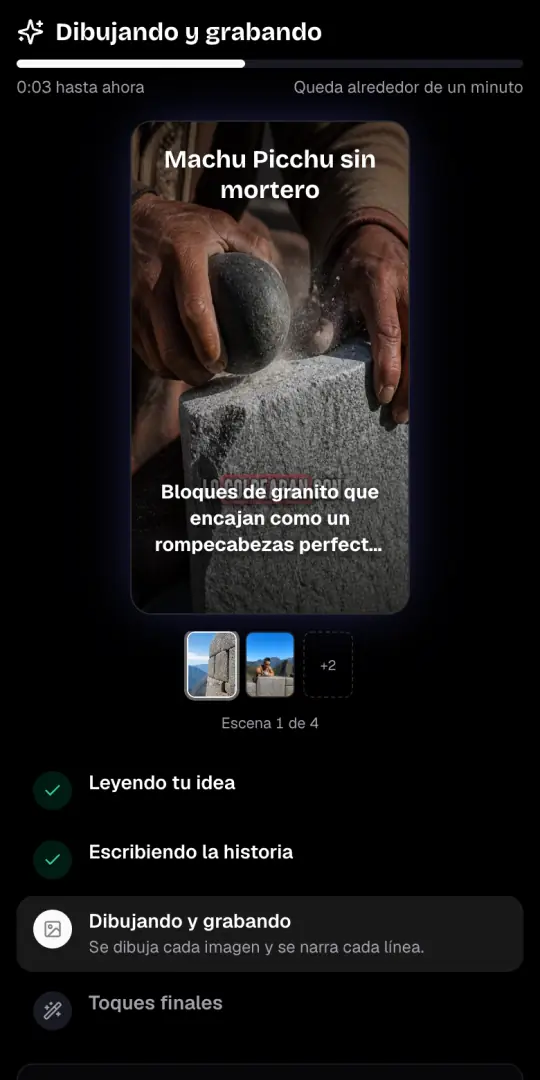 La pantalla «Dibujando y grabando» con la primera imagen del video de historia, su línea de narración y los cuatro pasos debajo.