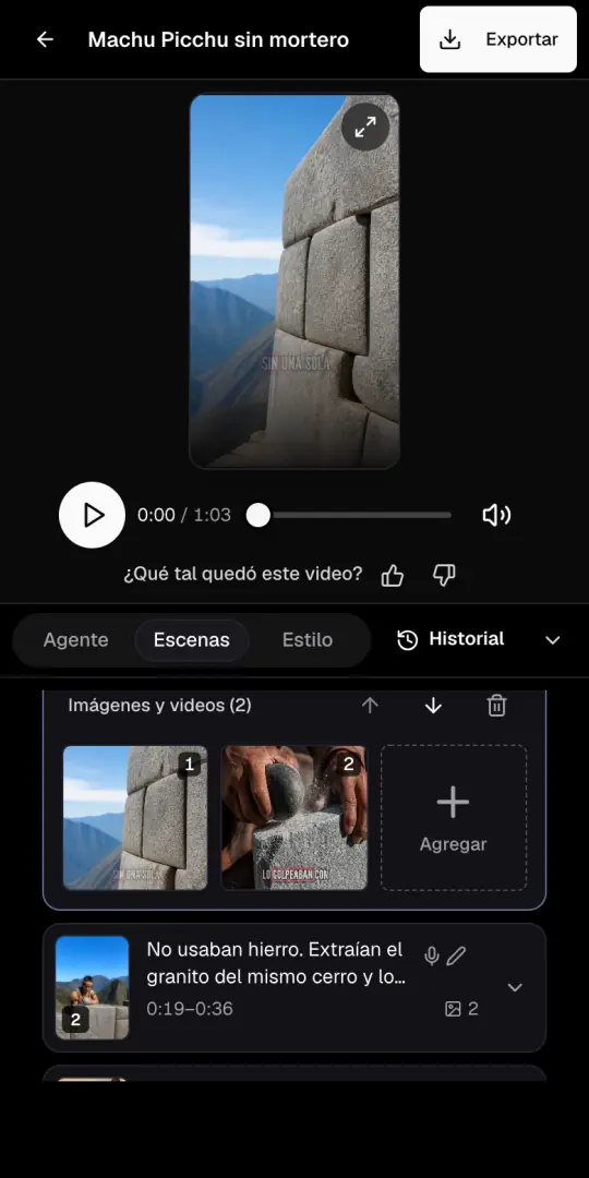 La página del video de historia con la vista previa arriba y la pestaña Escenas abierta, con las imágenes de la primera escena.