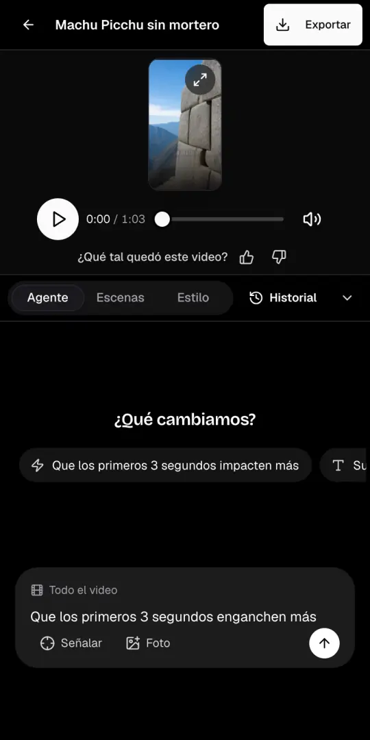 La pestaña Agente de la página del video, con el pedido «Que los primeros 3 segundos enganchen más» escrito en la caja de chat.