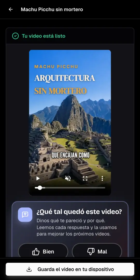 El video de historia exportado, con el mensaje Tu video está listo y el botón Guarda el video en tu dispositivo.