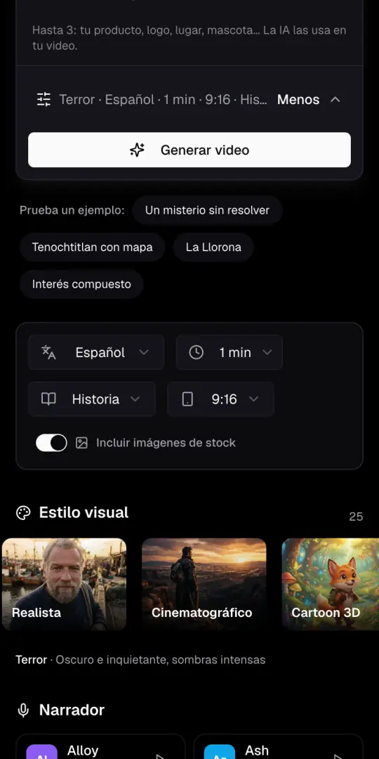 La línea de opciones del Agente de IA y los menús de idioma, duración, formato y 9:16, con el interruptor de imágenes de stock.