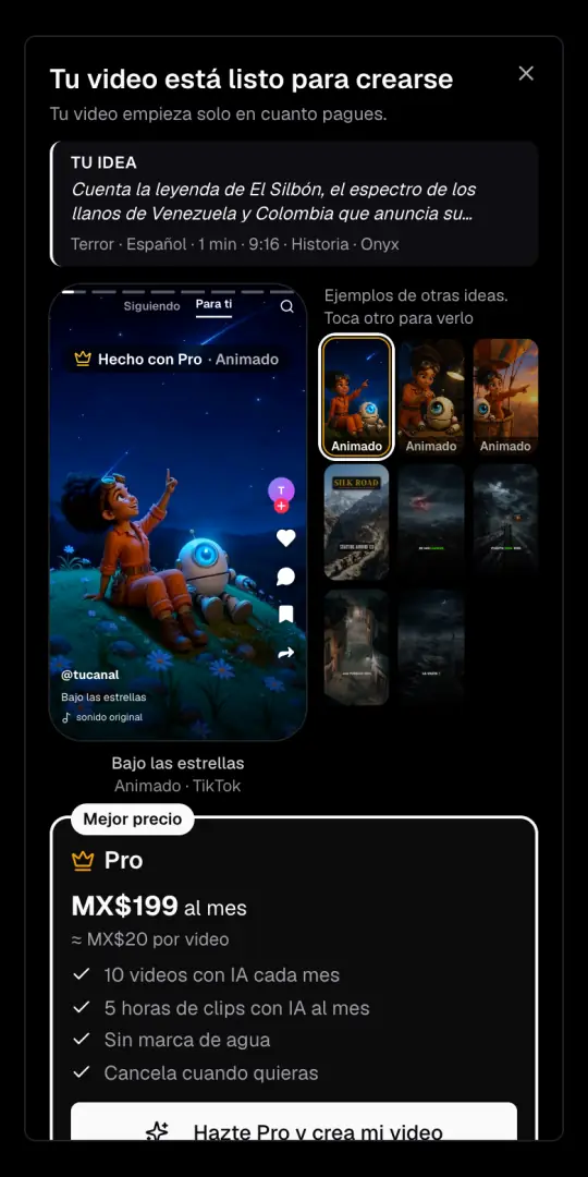 La ventana «Tu video está listo para crearse», con la idea y las opciones arriba, ejemplos hechos con Pro y el plan Pro con su precio en pesos mexicanos.
