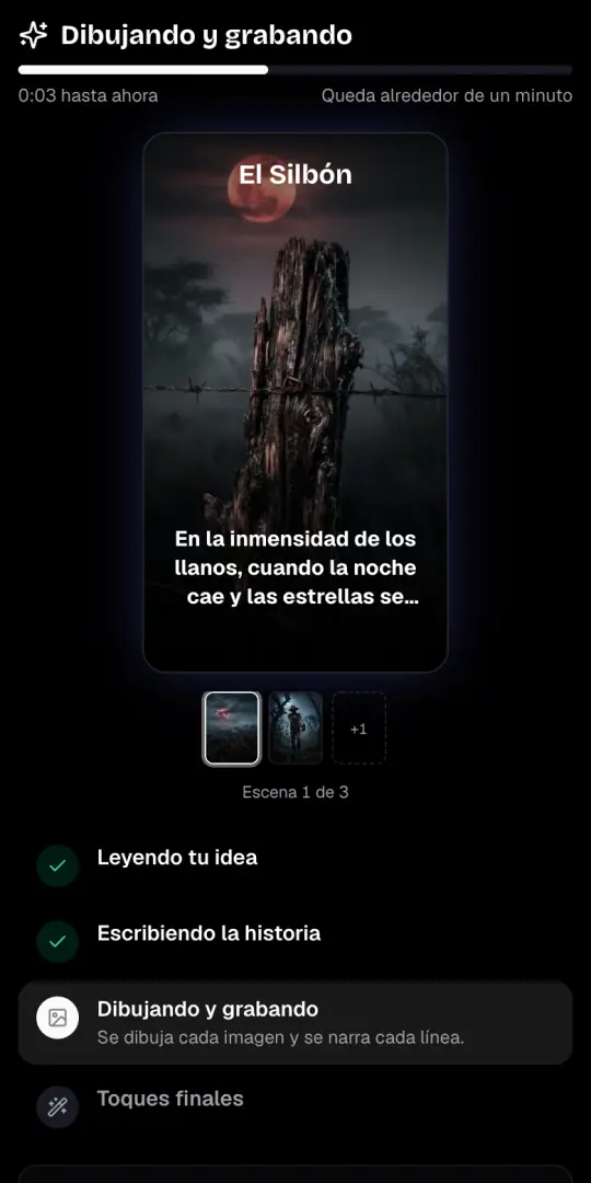La pantalla «Dibujando y grabando» con la primera imagen del video de leyendas, su línea de narración y los cuatro pasos debajo.