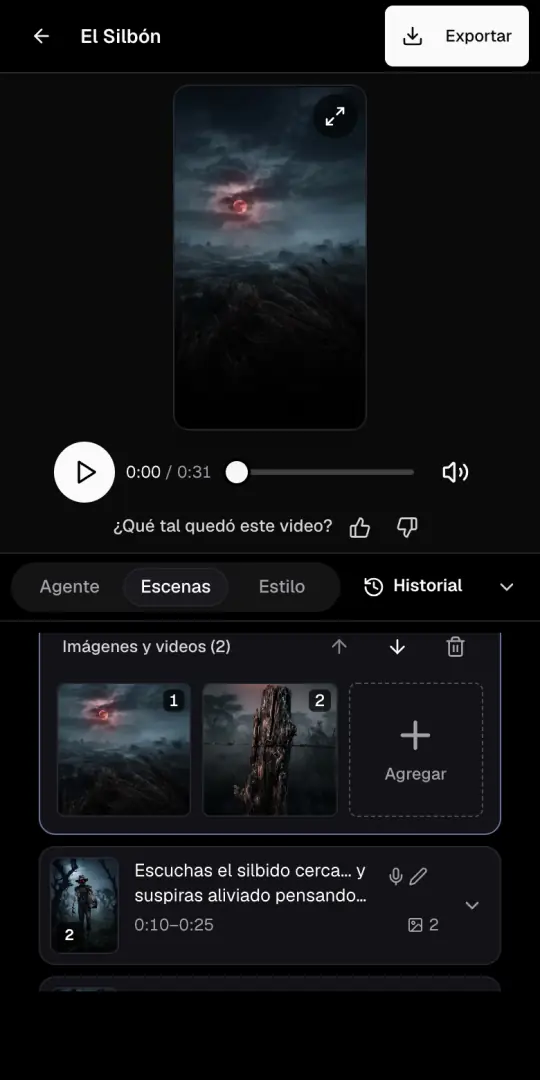 La página del video de leyendas con la vista previa arriba y la pestaña Escenas abierta, con las imágenes de la primera escena.