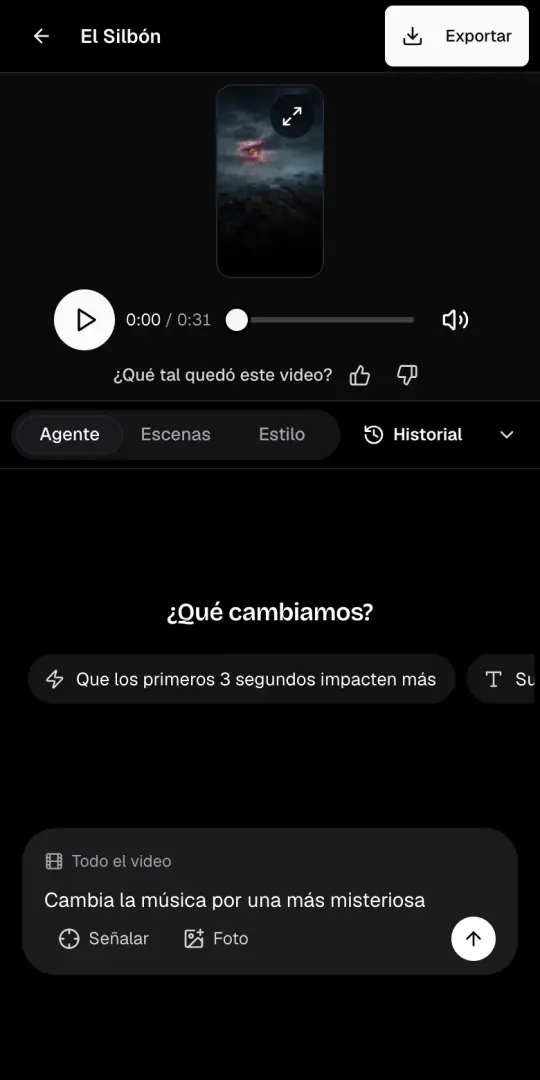 La pestaña Agente de la página del video, con el pedido «Cambia la música por una más misteriosa» escrito en la caja de chat.