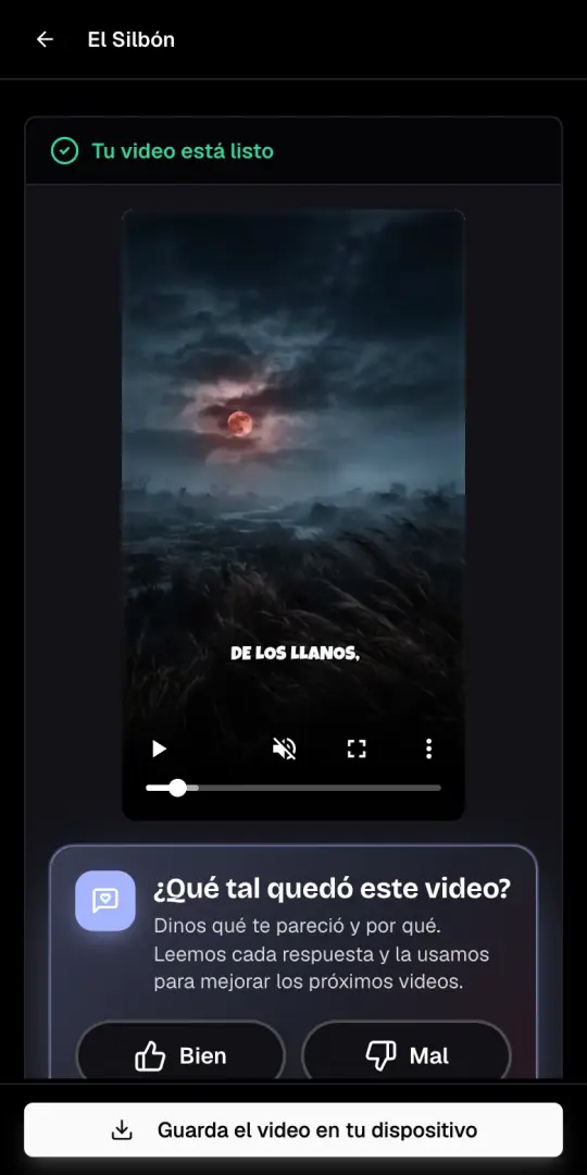 El video de leyendas exportado, con el mensaje Tu video está listo y el botón Guarda el video en tu dispositivo.