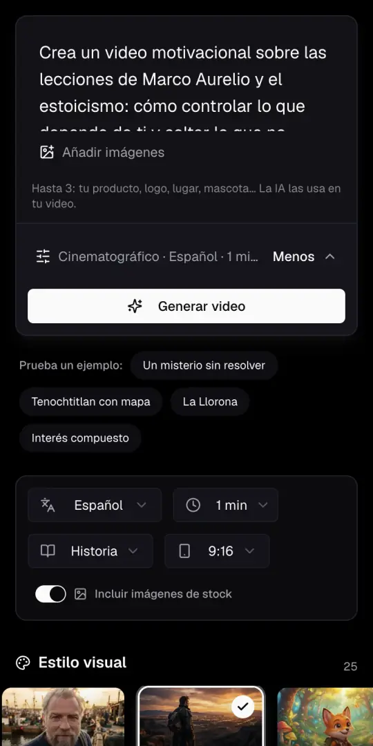 La caja de la idea del Agente de IA en un teléfono, con la idea de motivación escrita, el botón Añadir imágenes y Generar video debajo.