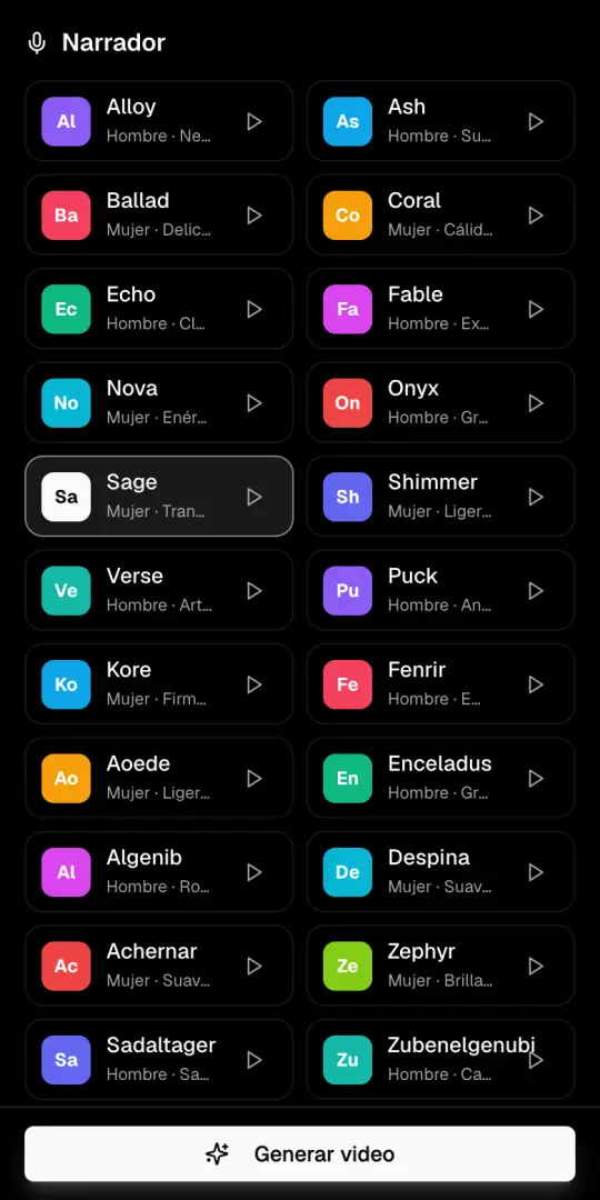 La lista de voces del Narrador con Sage marcada y el botón para escuchar cada voz.