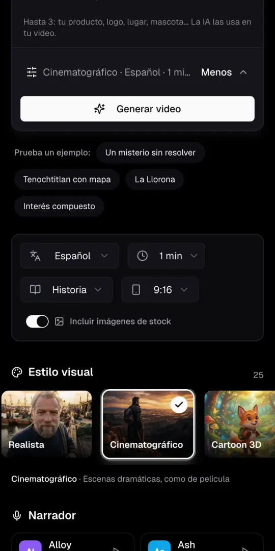 La línea de opciones del Agente de IA y los menús de idioma, duración, formato y 9:16, con el interruptor de imágenes de stock.