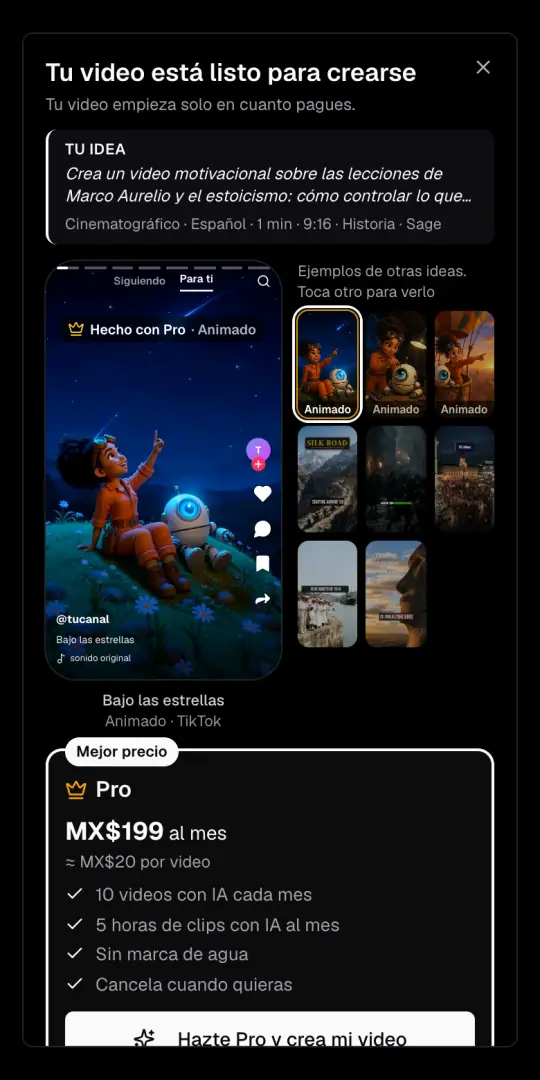 La ventana «Tu video está listo para crearse», con la idea y las opciones arriba, ejemplos hechos con Pro y el plan Pro con su precio en pesos mexicanos.