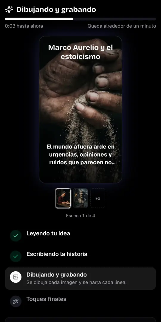 La pantalla «Dibujando y grabando» con la primera imagen del video de motivación, su línea de narración y los cuatro pasos debajo.