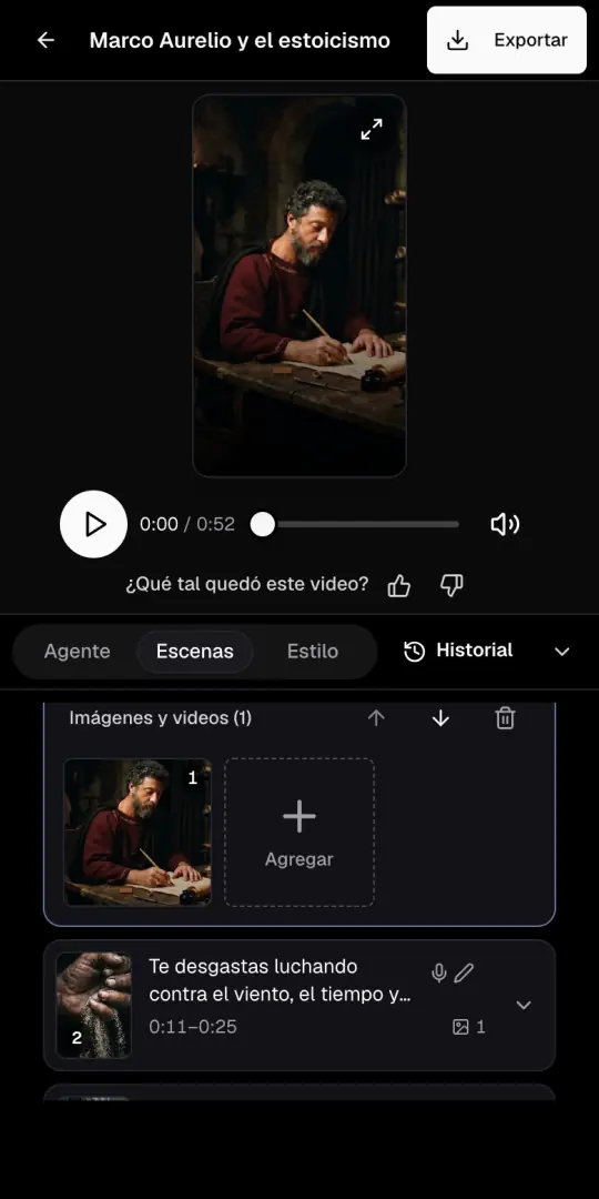La página del video de motivación con la vista previa arriba y la pestaña Escenas abierta, con las imágenes de la primera escena.